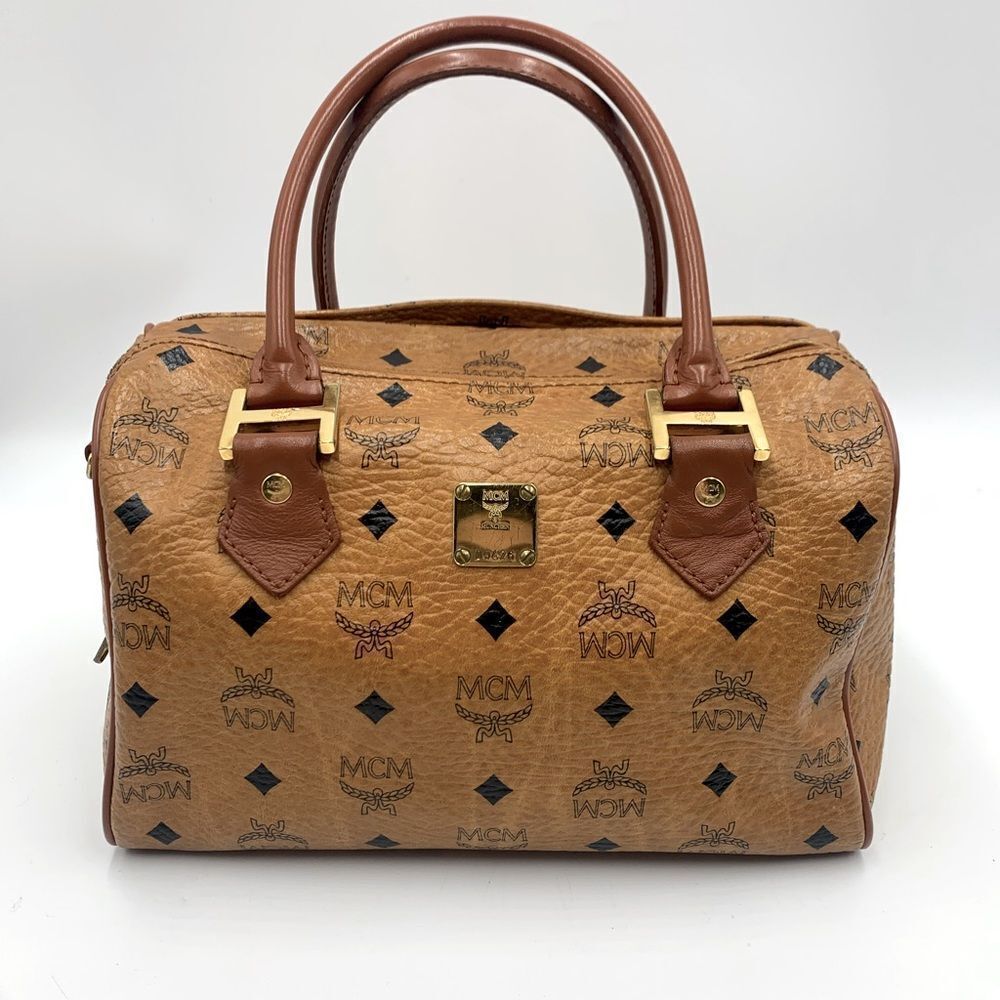 Auth MCM Visetos Cognac Brown Coated Canvas Leather Boston Tote Handbag Preloved
